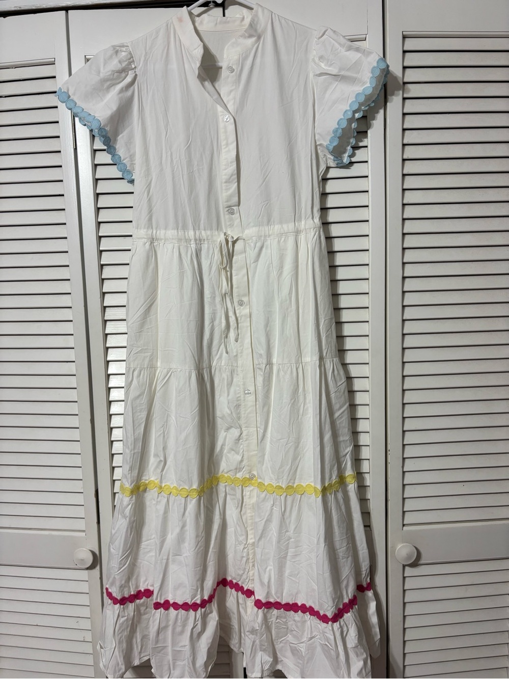 Girls White Tiered Dress with Pink, Yellow & Blue Trim